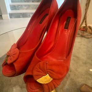Louis Vuitton Coral Peep-Toe Heels with Bow